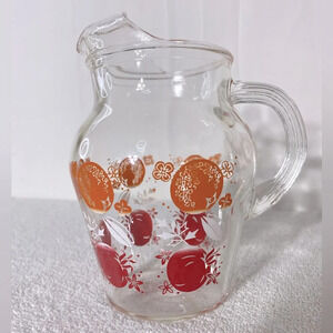 Vintage Tomato Orange Fruit Print Glass Pitcher